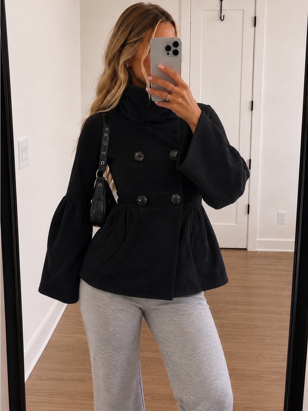 Double-Breasted Black Peplum Pea Coat with Bell Sleeves